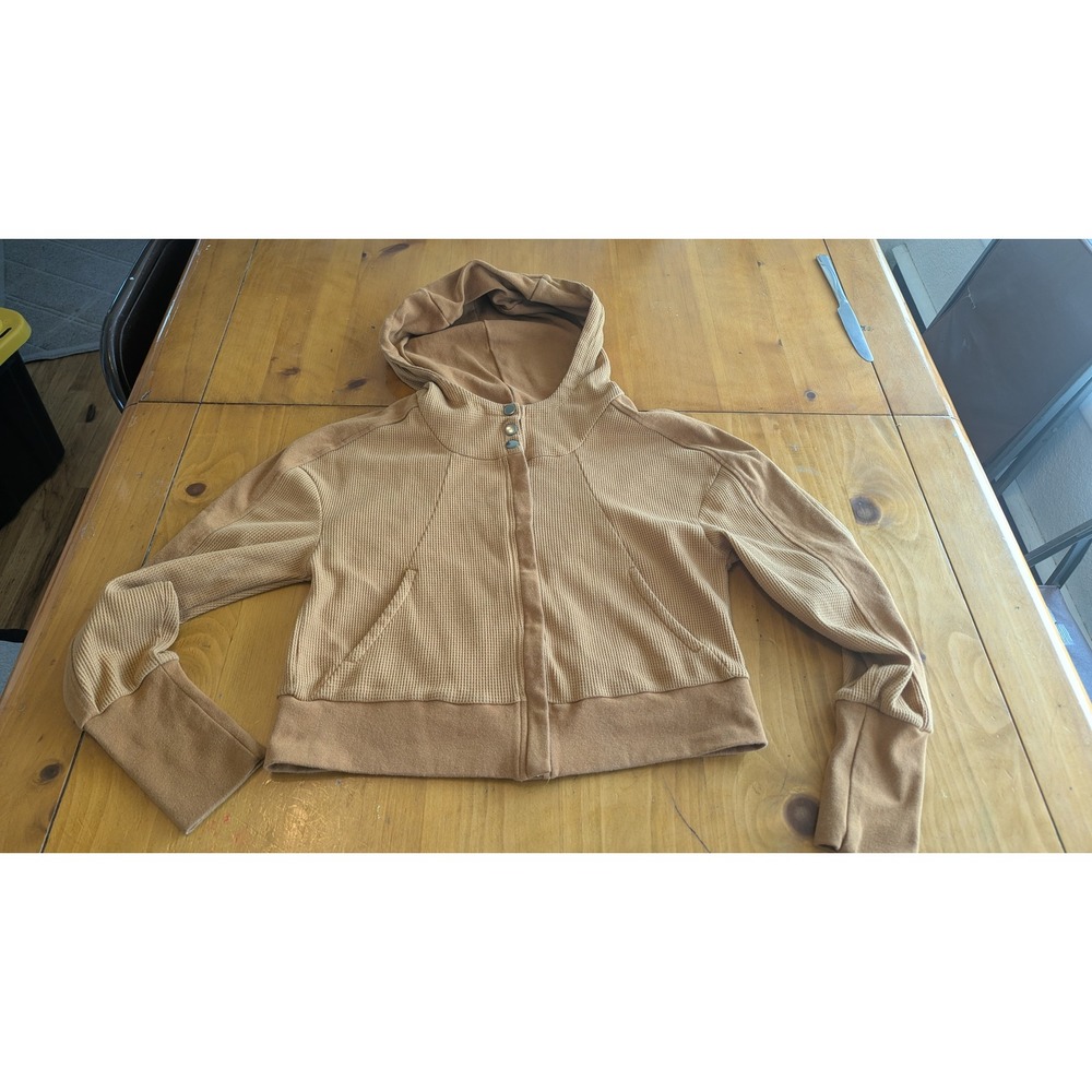 Womens Tan Waffle Knit‎ Hoodie Jacket Size S Snap Button Front Casual Warm Layer